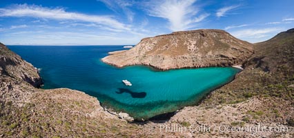 Boat Ambar in Ensenada el Embudo, Aerial Photo, Isla Partida, Sea of Cortez