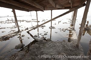 Bombay Beach, lies alongside and below the flood level of the Salton Sea, so that it floods occasionally when the Salton Sea rises.  A part of Bombay Beach is composed of derelict old trailer homes, shacks and wharfs, slowly sinking in the mud and salt, Imperial County, California