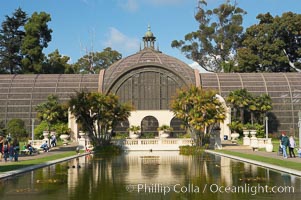 The Botanical Building in Balboa Park, San Diego.  The Botanical Building, at 250 feet long by 75 feet wide and 60 feet tall, was the largest wood lath structure in the world when it was built in 1915 for the Panama-California Exposition. The Botanical Building, located on the Prado, west of the Museum of Art, contains about 2,100 permanent tropical plants along with changing seasonal flowers. The Lily Pond, just south of the Botanical Building, is an eloquent example of the use of reflecting pools to enhance architecture. The 193 by 43 foot pond and smaller companion pool were originally referred to as Las Lagunas de las Flores (The Lakes of the Flowers) and were designed as aquatic gardens. The pools contain exotic water lilies and lotus which bloom spring through fall.  Balboa Park, San Diego