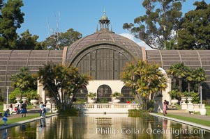 The Botanical Building in Balboa Park, San Diego.  The Botanical Building, at 250 feet long by 75 feet wide and 60 feet tall, was the largest wood lath structure in the world when it was built in 1915 for the Panama-California Exposition. The Botanical Building, located on the Prado, west of the Museum of Art, contains about 2,100 permanent tropical plants along with changing seasonal flowers. The Lily Pond, just south of the Botanical Building, is an eloquent example of the use of reflecting pools to enhance architecture. The 193 by 43 foot pond and smaller companion pool were originally referred to as Las Lagunas de las Flores (The Lakes of the Flowers) and were designed as aquatic gardens. The pools contain exotic water lilies and lotus which bloom spring through fall.  Balboa Park, San Diego