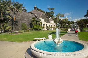 The Botanical Building in Balboa Park, San Diego.  The Botanical Building, at 250 feet long by 75 feet wide and 60 feet tall, was the largest wood lath structure in the world when it was built in 1915 for the Panama-California Exposition. The Botanical Building, located on the Prado, west of the Museum of Art, contains about 2,100 permanent tropical plants along with changing seasonal flowers. The Lily Pond, just south of the Botanical Building, is an eloquent example of the use of reflecting pools to enhance architecture. The 193 by 43 foot pond and smaller companion pool were originally referred to as Las Lagunas de las Flores (The Lakes of the Flowers) and were designed as aquatic gardens. The pools contain exotic water lilies and lotus which bloom spring through fall.  Balboa Park, San Diego.