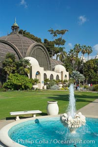 The Botanical Building in Balboa Park, San Diego.  The Botanical Building, at 250 feet long by 75 feet wide and 60 feet tall, was the largest wood lath structure in the world when it was built in 1915 for the Panama-California Exposition. The Botanical Building, located on the Prado, west of the Museum of Art, contains about 2,100 permanent tropical plants along with changing seasonal flowers. The Lily Pond, just south of the Botanical Building, is an eloquent example of the use of reflecting pools to enhance architecture. The 193 by 43 foot pond and smaller companion pool were originally referred to as Las Lagunas de las Flores (The Lakes of the Flowers) and were designed as aquatic gardens. The pools contain exotic water lilies and lotus which bloom spring through fall.  Balboa Park, San Diego