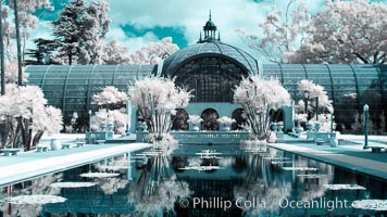 The Botanical Building in Balboa Park, San Diego. The Botanical Building, at 250 feet long by 75 feet wide and 60 feet tall, was the largest wood lath structure in the world when it was built in 1915 for the Panama-California Exposition. The Botanical Building, located on the Prado, west of the Museum of Art, contains about 2,100 permanent tropical plants along with changing seasonal flowers. The Lily Pond, just south of the Botanical Building, is an eloquent example of the use of reflecting pools to enhance architecture. The 193 by 43 foot pond and smaller companion pool were originally referred to as Las Lagunas de las Flores (The Lakes of the Flowers) and were designed as aquatic gardens. The pools contain exotic water lilies and lotus which bloom spring through fall.