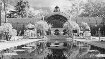 The Botanical Building in Balboa Park, San Diego. The Botanical Building, at 250 feet long by 75 feet wide and 60 feet tall, was the largest wood lath structure in the world when it was built in 1915 for the Panama-California Exposition. The Botanical Building, located on the Prado, west of the Museum of Art, contains about 2,100 permanent tropical plants along with changing seasonal flowers. The Lily Pond, just south of the Botanical Building, is an eloquent example of the use of reflecting pools to enhance architecture. The 193 by 43 foot pond and smaller companion pool were originally referred to as Las Lagunas de las Flores (The Lakes of the Flowers) and were designed as aquatic gardens. The pools contain exotic water lilies and lotus which bloom spring through fall