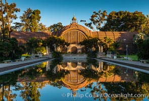 The Botanical Building in Balboa Park, San Diego. The Botanical Building, at 250 feet long by 75 feet wide and 60 feet tall, was the largest wood lath structure in the world when it was built in 1915 for the Panama-California Exposition. The Botanical Building, located on the Prado, west of the Museum of Art, contains about 2,100 permanent tropical plants along with changing seasonal flowers. The Lily Pond, just south of the Botanical Building, is an eloquent example of the use of reflecting pools to enhance architecture. The 193' by 43' foot pond and smaller companion pool were originally referred to as Las Lagunas de las Flores (The Lakes of the Flowers) and were designed as aquatic gardens. The pools contain exotic water lilies and lotus which bloom spring through fall