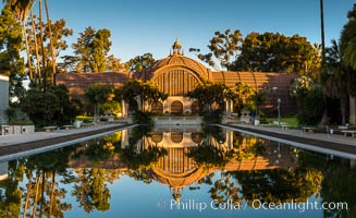 The Botanical Building in Balboa Park, San Diego. The Botanical Building, at 250 feet long by 75 feet wide and 60 feet tall, was the largest wood lath structure in the world when it was built in 1915 for the Panama-California Exposition. The Botanical Building, located on the Prado, west of the Museum of Art, contains about 2,100 permanent tropical plants along with changing seasonal flowers. The Lily Pond, just south of the Botanical Building, is an eloquent example of the use of reflecting pools to enhance architecture. The 193' by 43' foot pond and smaller companion pool were originally referred to as Las Lagunas de las Flores (The Lakes of the Flowers) and were designed as aquatic gardens. The pools contain exotic water lilies and lotus which bloom spring through fall