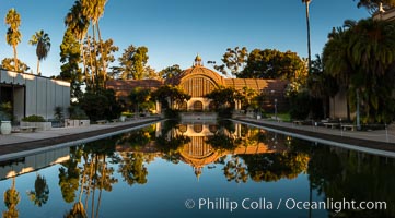 The Botanical Building in Balboa Park, San Diego. The Botanical Building, at 250 feet long by 75 feet wide and 60 feet tall, was the largest wood lath structure in the world when it was built in 1915 for the Panama-California Exposition. The Botanical Building, located on the Prado, west of the Museum of Art, contains about 2,100 permanent tropical plants along with changing seasonal flowers. The Lily Pond, just south of the Botanical Building, is an eloquent example of the use of reflecting pools to enhance architecture. The 193' by 43' foot pond and smaller companion pool were originally referred to as Las Lagunas de las Flores (The Lakes of the Flowers) and were designed as aquatic gardens. The pools contain exotic water lilies and lotus which bloom spring through fall