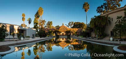 The Botanical Building in Balboa Park, San Diego. The Botanical Building, at 250 feet long by 75 feet wide and 60 feet tall, was the largest wood lath structure in the world when it was built in 1915 for the Panama-California Exposition. The Botanical Building, located on the Prado, west of the Museum of Art, contains about 2,100 permanent tropical plants along with changing seasonal flowers. The Lily Pond, just south of the Botanical Building, is an eloquent example of the use of reflecting pools to enhance architecture. The 193' by 43' foot pond and smaller companion pool were originally referred to as Las Lagunas de las Flores (The Lakes of the Flowers) and were designed as aquatic gardens. The pools contain exotic water lilies and lotus which bloom spring through fall