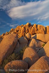 Boulders and sunset in Joshua Tree National Park.  The warm sunlight gently lights unusual boulder formations at Jumbo Rocks in Joshua Tree National Park, California