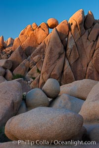 Boulders and sunset in Joshua Tree National Park.  The warm sunlight gently lights unusual boulder formations at Jumbo Rocks in Joshua Tree National Park, California. USA, natural history stock photograph, photo id 26744