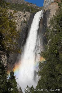 Image 16162, Bridalveil Falls with a rainbow forming in its spray, dropping 620 into Yosemite Valley, displaying peak water flow in spring months from deep snowpack and warm weather melt.  Yosemite Valley. Yosemite National Park, California, USA, Phillip Colla, all rights reserved worldwide. Keywords: bridalveil falls, california, cascade, environment, flow, landscape, national parks, nature, outdoors, outside, scene, scenery, scenic, sierra, sierra nevada, usa, water, waterfall, world heritage sites, yosemite, yosemite national park, yosemite park, yosemite valley.