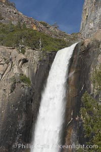 Bridalveil Falls drops 620 through a hanging valley, shown here at peak water flow in spring months from deep snowpack and warm weather melt.  Yosemite Valley, Yosemite National Park, California