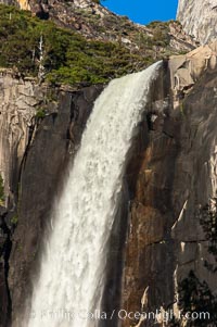 Bridalveil Falls in Yosemite drops 620 feet (188 m) from a hanging valley to the floor of Yosemite Valley, Yosemite National Park, California
