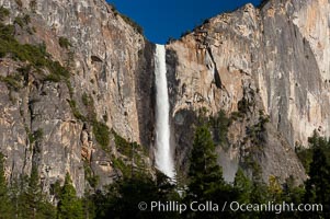 Bridalveil Falls in Yosemite drops 620 feet (188 m) from a hanging valley to the floor of Yosemite Valley, Yosemite National Park, California