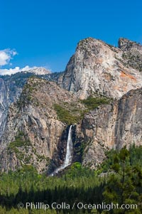 Bridalveil Falls in Yosemite drops 620 feet (188 m) from a hanging valley to the floor of Yosemite Valley, Yosemite National Park, California