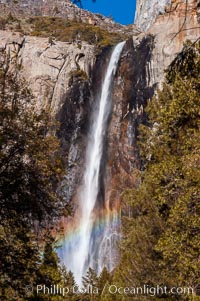 Bridalveil Falls in Yosemite drops 620 feet (188 m) from a hanging valley to the floor of Yosemite Valley, Yosemite National Park, California