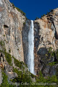 Bridalveil Falls in Yosemite drops 620 feet (188 m) from a hanging valley to the floor of Yosemite Valley, Yosemite National Park, California