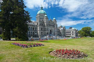 The British Columbia Parliament Buildings are located in Victoria, British Columbia, Canada and serve as the seat of the Legislative Assembly of British Columbia.  The main block of the Parliament Buildings combines Baroque details with Romanesque Revival rustication