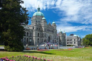 The British Columbia Parliament Buildings are located in Victoria, British Columbia, Canada and serve as the seat of the Legislative Assembly of British Columbia.  The main block of the Parliament Buildings combines Baroque details with Romanesque Revival rustication