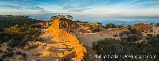 Broken Hill and view to La Jolla, panoramic photograph, from Torrey Pines State Reserve, sunrise, San Diego, California