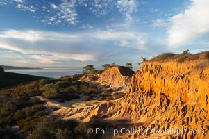 Broken Hill with La Jolla and the Pacific Ocean in the distance.  Broken Hill is an ancient, compacted sand dune that was uplifted to its present location and is now eroding, Torrey Pines State Reserve, San Diego, California