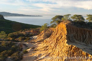 Broken Hill with La Jolla and the Pacific Ocean in the distance.  Broken Hill is an ancient, compacted sand dune that was uplifted to its present location and is now eroding, Torrey Pines State Reserve, San Diego, California