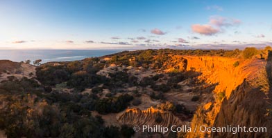 Broken Hill with the Pacific Ocean in the distance. Broken Hill is an ancient, compacted sand dune that was uplifted to its present location and is now eroding, Torrey Pines State Reserve, San Diego, California