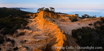 Broken Hill and view to La Jolla, panoramic photograph, from Torrey Pines State Reserve, sunrise.