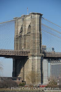 Brooklyn Bridge viewed from Brooklyn.  Lower Manhattan visible behind the Bridge, New York City