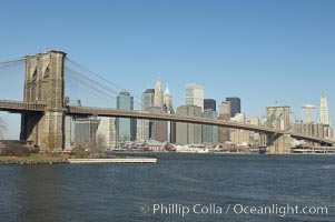 Brooklyn Bridge viewed from Brooklyn.  Lower Manhattan visible behind the Bridge, New York City