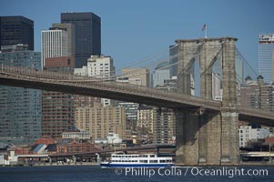 Brooklyn Bridge viewed from Brooklyn.  Lower Manhattan visible behind the Bridge, New York City