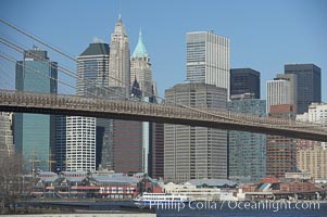 Brooklyn Bridge viewed from Brooklyn.  Lower Manhattan visible behind the Bridge, New York City