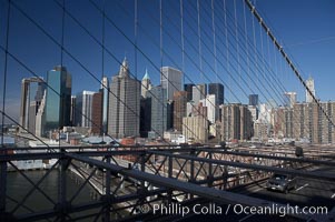 Lower Manhattan skyline viewed from the Brooklyn Bridge, New York City