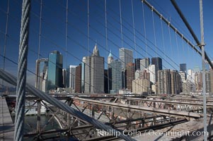Lower Manhattan skyline viewed from the Brooklyn Bridge, New York City