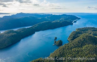Browning Pass aerial photo, with Nigei Island (left) and Balackava Island (right)