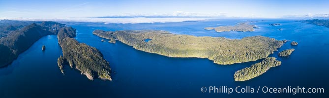 Browning Pass and Balaklava Island, location of the best cold water diving in the world, aerial panoramic photo