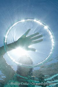 A bubble ring. A child puts her hand through a bubble ring at it ascends through the water toward her