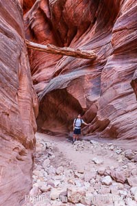 Suspended log in Buckskin Gulch.  A hiker considers a heavy log stuck between the narrow walls of Buckskin Gulch, placed there by a flash flood some time in the past.  Buckskin Gulch is the world's longest accessible slot canyon, forged by centuries of erosion through sandstone.  Flash flooding is a serious danger in the narrows where there is no escape.