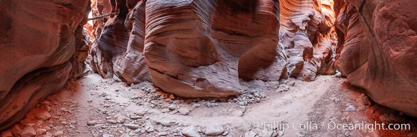 A hiker considers a log suspended high overhead in the Buckskin Gulch Narrows, left there by a previous flash flood.  A hiker moves through the deep narrow passages of Buckskin Gulch, a slot canyon cut deep into sandstone by years of river-induced erosion.  In some places the Buckskin Gulch narrows are only about 15 feet wide but several hundred feet high, blocking sunlight.  Flash floods are dangerous as there is no escape once into the Buckskin Gulch slot canyons.  This is a panorama made of twelve individual photos, Paria Canyon-Vermilion Cliffs Wilderness, Arizona