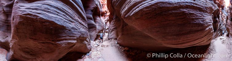 Buckskin Gulch hiker.  A hiker moves through the deep narrow passages of Buckskin Gulch, a slot canyon cut deep into sandstone by years of river-induced erosion.  In some places the Buckskin Gulch narrows are only about 15 feet wide but several hundred feet high, blocking sunlight.  Flash floods are dangerous as there is no escape once into the Buckskin Gulch slot canyons.  This is a panorama made of sixteen individual photos, Paria Canyon-Vermilion Cliffs Wilderness, Arizona