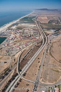 Camp Pendleton, viewed toward the north, including Pacific ocean and Interstate 5 freeway. Marine Corps Base Camp Pendleton