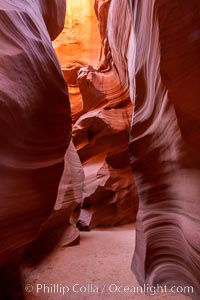 Canyon X, a spectacular slot canyon near Page, Arizona.  Slot canyons are formed when water and wind erode a cut through a (usually sandstone) mesa, producing a very narrow passage that may be as slim as a few feet and a hundred feet or more in height