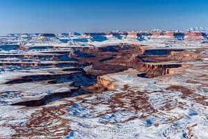 Canyonlands National Park, snow covered mesas and canyons, with the Green River far below, not far from its confluence with the Colorado River.  Island in the Sky