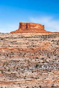 Monitor Butte (right), formed of Entrada sandstone with Carmel and Dewey Bridge formations comprising the basal slope and whiter Navajo sandstone below, Island in the Sky, Canyonlands National Park, Utah