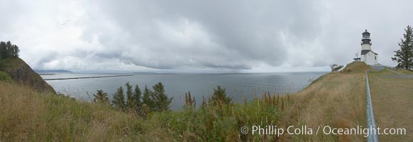 The Cape Disappointment lighthouse has watched over the entrance of the Columbia River since it was first lit on October 15, 1856. It stands 53 feet tall with a focal plane 220 feet above sea. Its black horizontal stripe was added later to distinguish it from North Head Lighthouse located just two miles north