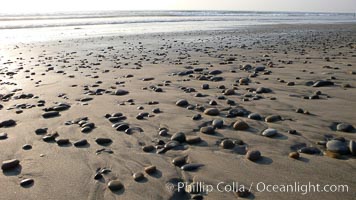 Cobblestones on a flat sand beach.  Cobble stones are polished round and smooth by years of wave energy.  They are alternately exposed and covered by sand depending on the tides, waves and seasons of the year.  Cobblestones are common on the beaches of southern California, contained in the sandstone bluffs along the beach and released onto the beach as the bluffs erode, Carlsbad