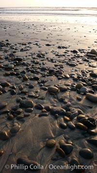 Cobblestones on a flat sand beach.  Cobble stones are polished round and smooth by years of wave energy.  They are alternately exposed and covered by sand depending on the tides, waves and seasons of the year.  Cobblestones are common on the beaches of southern California, contained in the sandstone bluffs along the beach and released onto the beach as the bluffs erode, Carlsbad