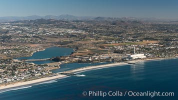 Aqua Hedionda Lagoon and Encina Power Station, Warm Water Jetties beach, Carlsbad, California, aerial photo