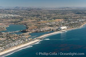 Aqua Hedionda Lagoon and Encina Power Station, Warm Water Jetties beach, Carlsbad, California, aerial photo