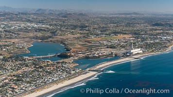 Aqua Hedionda Lagoon and Encina Power Station, Warm Water Jetties beach, Carlsbad, California, aerial photo